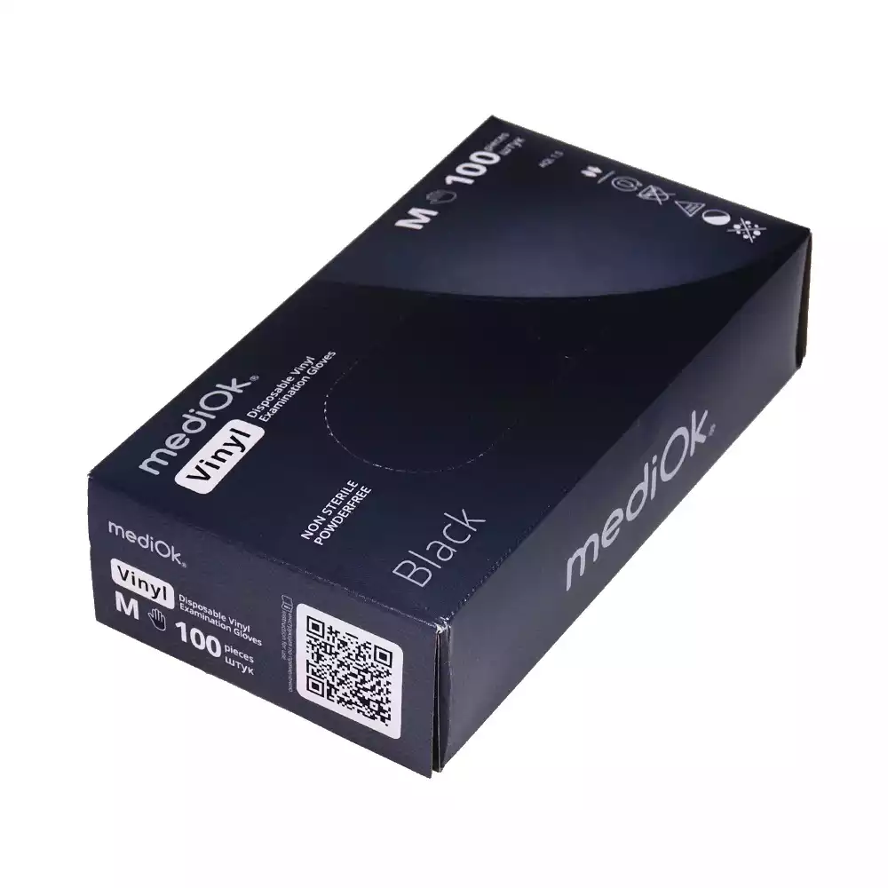 Перчатки смотровые mediOk Vinyl, размер M, виниловые, неопудренные, нестерильные, гладкие, черные, упаковка 50 пар